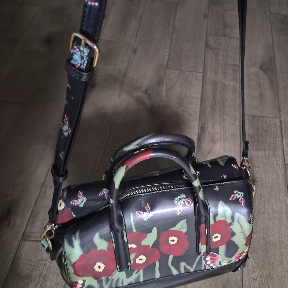 Floral Black Handbag Poppies And Butterflies Design 13"x9" - Picture 6 of 6